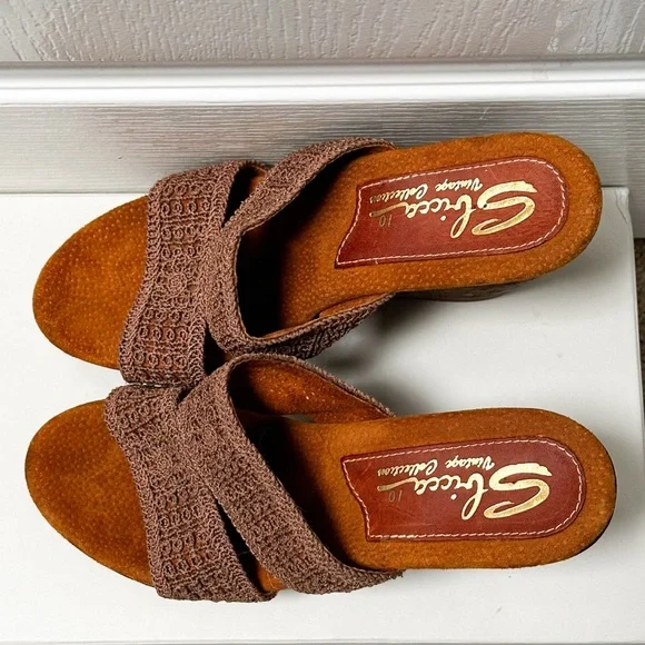 Sbicca Mocha and Chestnut Crochet Antilles Boho Beach Wedge Sandal Size 10 - Picture 2 of 4